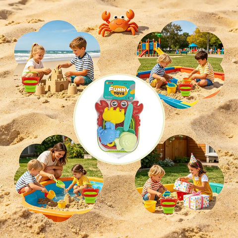 Epic Beach Toy Set For Kids With Folding Bucket And Construction Tools, 5 Animal Design Shovels Buckets And Rakes