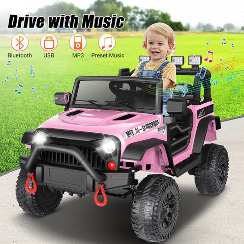Child driving pink 24V Ride On Car For Kids With Remote Control And LED Lights Off Road Battery Powered Truck