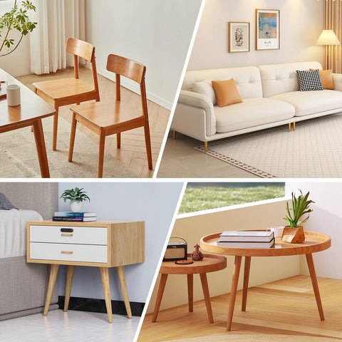 Various styles of modern wooden furniture including chairs, a sofa, a bedside table, and a round coffee table in home interiors.