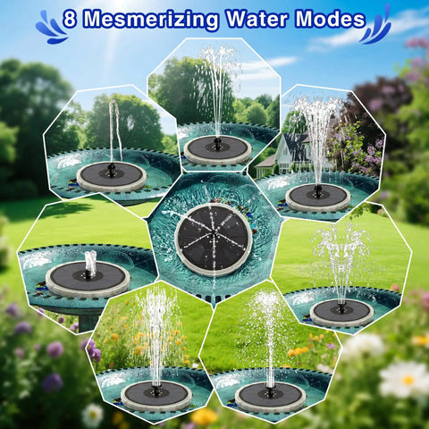 8 spray patterns of 4W Solar Powered Bird Bath Fountain With Color LED Lights And 7 Nozzles, 4000mAh Battery, Outdoor Water Feature