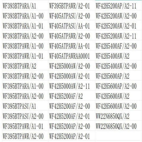 List of Samsung washer model numbers including WF393BTPAR/A1, WF395BTPAR/A1-00, compatible with Premium Tub Bearings and Seal Kit.