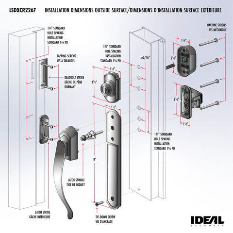 Installation diagram of pull handle set with keyed deadbolt for storm doors and screen doors matte black 4 piece exterior door hardware.