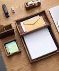 Wood Desk Organizer Kit 4 Pack With Front Load Document Tray Mail Sorter Pen Cup And Sticky Note Holder on brown desk