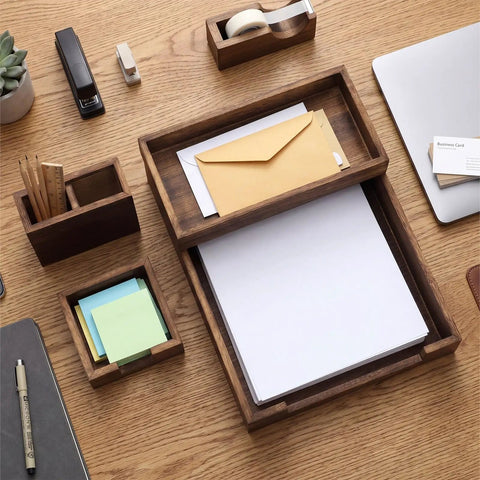 Wood Desk Organizer Kit 4 Pack With Front Load Document Tray Mail Sorter Pen Cup And Sticky Note Holder on brown desk