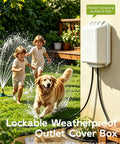 Lockable Waterproof Outdoor Electrical Outlet Cover Box With Key And Drip Proof Weather Shielding For Standard Sockets Built Tough To Block Rain And Dust Solid Two Pack White setup with kids playing outdoors.