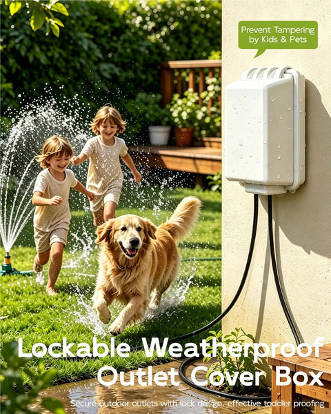 Lockable Waterproof Outdoor Electrical Outlet Cover Box With Key And Drip Proof Weather Shielding For Standard Sockets Built Tough To Block Rain And Dust Solid Two Pack White setup with kids playing outdoors.