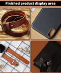 Finished leather products including belts, a phone case, a watch band, and a wallet crafted with a five piece leather hole punch set.