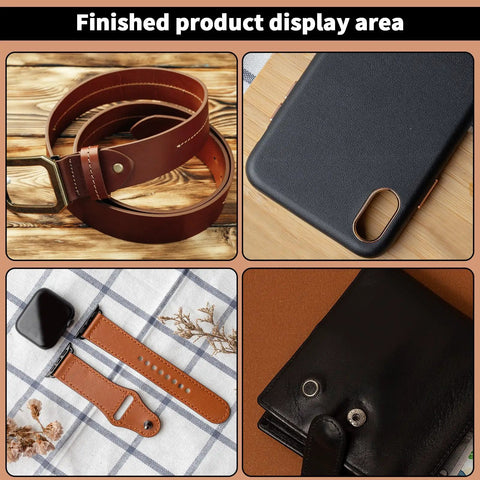 Finished leather products including belts, a phone case, a watch band, and a wallet crafted with a five piece leather hole punch set.