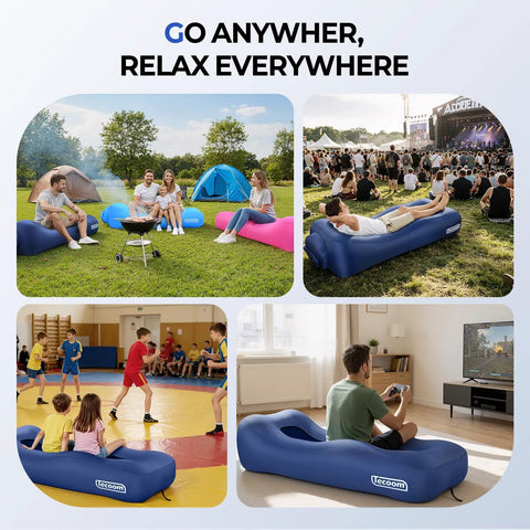 Inflatable Lounger Couch Air Sofa Hammock no pump needed 20 second inflation waterproof beach chair used outdoors and indoors.