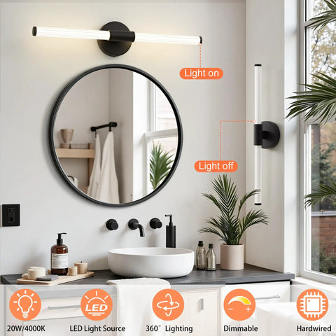 Dimmable LED Vanity Light Bar For Bathroom, 360 Degree Full Illumination Over Mirror Sconce, Black 24 Inch lighting bathroom mirror