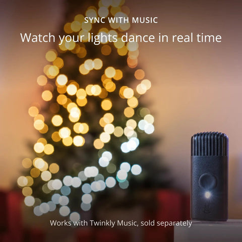 Smart LED String Lights 400 LEDs for Indoor and Outdoor Use, blurred warm lights sync with music near Twinkly device.