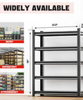 Heavy Duty Five Shelf Metal Garage Storage Rack 48W 24D 72H For Tools And Gear, built in black steel with 47.2W x 23.6D x 72H dimensions