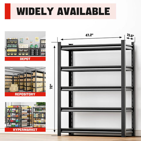 Heavy Duty Five Shelf Metal Garage Storage Rack 48W 24D 72H For Tools And Gear, built in black steel with 47.2W x 23.6D x 72H dimensions
