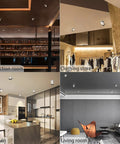 Six Pack 4 Inch Rotatable LED Recessed Downlights 18W COB Dimmable in various room settings including kitchen and living room.