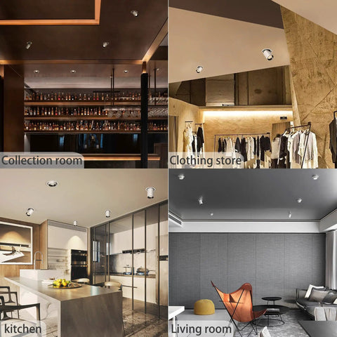 Six Pack 4 Inch Rotatable LED Recessed Downlights 18W COB Dimmable in various room settings including kitchen and living room.