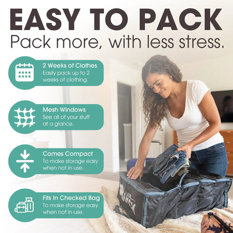 Woman packing Large Hanging Luggage Organizer For Travel Fits Any Suitcase With See Through Mesh Windows on a bed