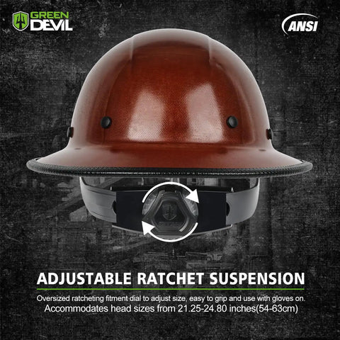 Fiberglass Full Brim Hard Hat With Brim Guard, OSHA And ANSI Rated, shown with adjustable ratchet suspension.