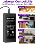 12V 5A Power Supply Adapter For LED Strip Lights And Low Voltage Devices UL Listed 60W Class 2 Wall Transformer 120VAC To 12VDC Converter With 5.5x2.1mm DC Jack Non Dimming Great For DIY Lighting Projects, shown compatible with LED Strip, Mini Amplifier, CCTV Camera, Router, Radio.