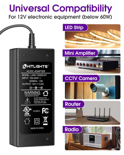 12V 5A Power Supply Adapter For LED Strip Lights And Low Voltage Devices UL Listed 60W Class 2 Wall Transformer 120VAC To 12VDC Converter With 5.5x2.1mm DC Jack Non Dimming Great For DIY Lighting Projects, shown compatible with LED Strip, Mini Amplifier, CCTV Camera, Router, Radio.