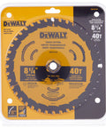 Cross Cut Circular Saw Blade 8 1/4 Inch 40 Tooth Tungsten Carbide Thin Kerf With Anti Stick Coating For Nail Embedded Wood Cuts On Corded And Cordless Saws DWA181440 in packaging