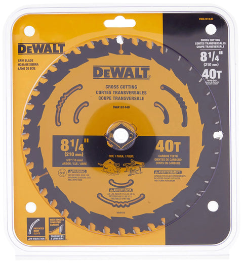 Cross Cut Circular Saw Blade 8 1/4 Inch 40 Tooth Tungsten Carbide Thin Kerf With Anti Stick Coating For Nail Embedded Wood Cuts On Corded And Cordless Saws DWA181440 in packaging