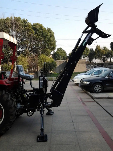 3 Point Hitch PTO Hydraulic Backhoe Attachment With 15 Inch Bucket Fits CAT 1 Tractors Like John Deere And Kubota side view