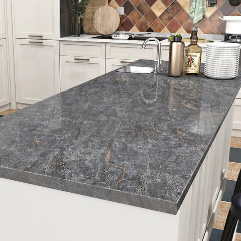Dark grey marble Peel And Stick Countertop Cover on kitchen island, self-adhesive waterproof vinyl laminate, 15.8x394 inches.