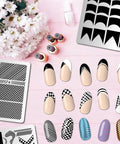 Premium Nail Stamping Plates Set Of Three Featuring Killer French Tip And Geometric Checkerboard Patterns Totally Slaying Your At Home Manicure Game While Adding Legit Salon Quality Vibes To Every Session - nail designs and plates on pink background.