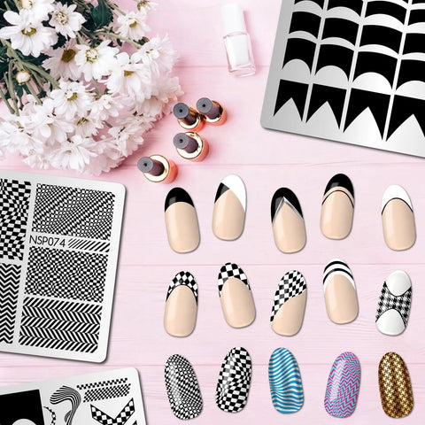Premium Nail Stamping Plates Set Of Three Featuring Killer French Tip And Geometric Checkerboard Patterns Totally Slaying Your At Home Manicure Game While Adding Legit Salon Quality Vibes To Every Session - nail designs and plates on pink background.