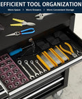 Open drawer of 7-Drawer Rolling Tool Chest With Locking System showing organized wrenches and pliers, black alloy steel cabinet