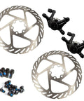 Dual Sided Mechanical Disc Brake Caliper With Standard Post Mount For 160mm Rotors, two calipers and rotors with mounting hardware.