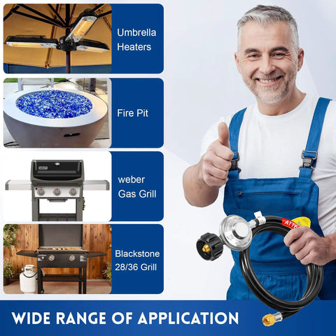 Man holding Five Foot Propane Regulator Hose For Grills And Fire Pits With Three Eighths Inch Female Flare Nut beside grill images.
