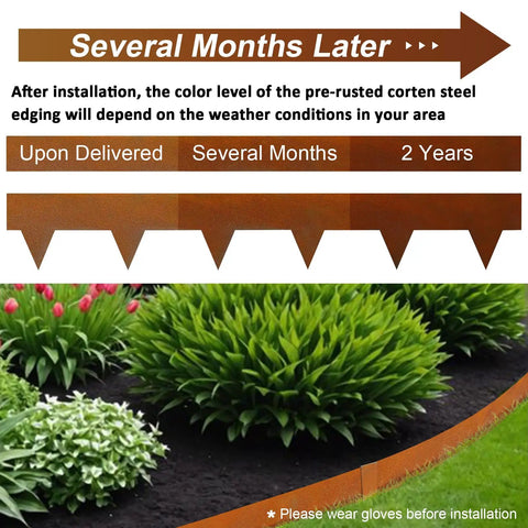 Beefy Pre Rusted Cor Ten Steel Landscape Edging For Four And A Half Inch Border With Hammer In Clamps And Eleven Clips Pack Of Ten Sections Total Thirty Three Feet For Lawn Garden Yard color aging chart and installation recommendation