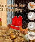 Must Have Backyard Bird Gear Two Pack Red Metal Grit And Oyster Shell Feeders shown with chickens and ducks, suitable for all poultry.