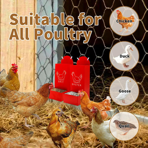 Must Have Backyard Bird Gear Two Pack Red Metal Grit And Oyster Shell Feeders shown with chickens and ducks, suitable for all poultry.