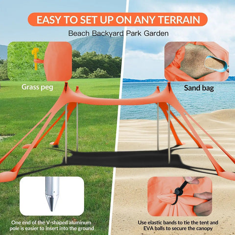 Beach Tent Sun Shelter 10x10ft UPF50 Plus Portable Shade Canopy orange pegs, sandbags, and poles for versatile setup.