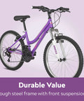 Trail Ready Mountain Bike For Youth And Adults With 24 Inch Wheels, 18 Speed, Steel Frame, Knobby Tires, Front Suspension Fork