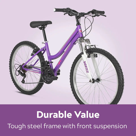 Trail Ready Mountain Bike For Youth And Adults With 24 Inch Wheels, 18 Speed, Steel Frame, Knobby Tires, Front Suspension Fork