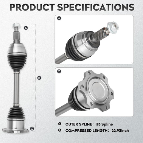 CV Axle Shaft Assembly Front Left And Right For Cadillac Escalade Chevy Silverado 1500 Tahoe Suburban GMC Sierra Yukon 2007-2020 4x4 Models Driver And Passenger Sides Replacement, 33-spline, 22.93 in length