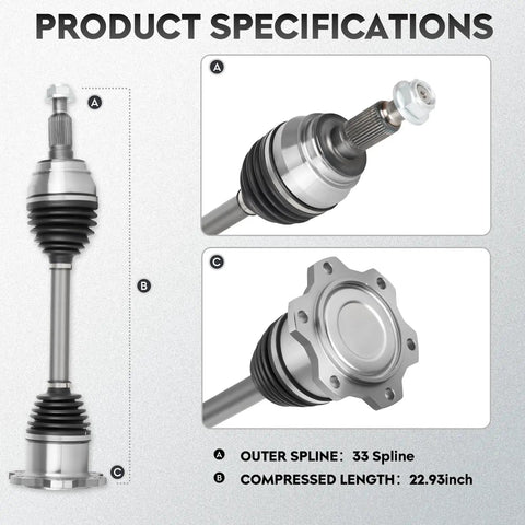 Heavy Duty Plug And Play Front Left Or Right CV Axle Shaft Assembly For Cadillac Escalade Chevy Silverado 1500 Tahoe Suburban Gmc Sierra Yukon 4X4 4WD 2007 To 2020, with dimensions and details.