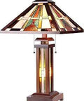 Percival Double Lit Table Lamp With Hand Cut Stained Glass And Dope Glass Bead Accents Soft Warm Glow Pull Chain And Inline Switch