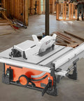 Rock Solid Portable Jobsite Table Saw Packing A Boss 15 Amp Motor And A Lightning Fast 4500 RPM Spin Cuts Hardwood Like Butter With A Precision 40 Tooth Blade, compact design on construction site.