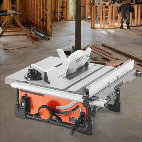 Rock Solid Portable Jobsite Table Saw Packing A Boss 15 Amp Motor And A Lightning Fast 4500 RPM Spin Cuts Hardwood Like Butter With A Precision 40 Tooth Blade, compact design on construction site.