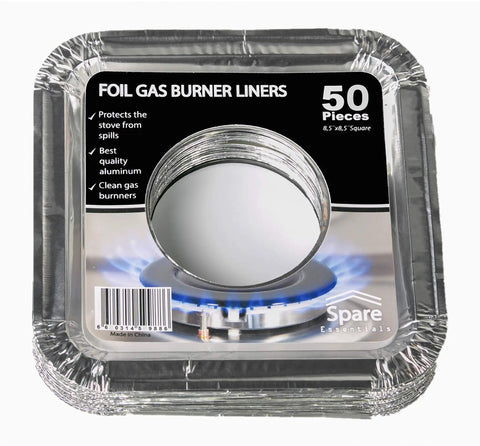 50 Pack Disposable Gas Burner Liners For No Scrub Cleanup And Easy Stove Upkeep Aluminum Foil Square Covers packaging