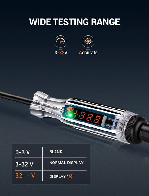 Close-up of Digital LED Car Circuit Tester 2.6V To 32V Test Light showing wide testing range and LED display readings.