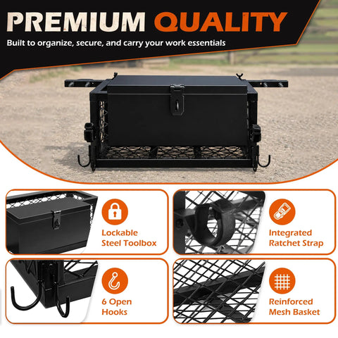 Shop Tough Tractor Tool Box 24 X 10.5 X 10.5 Inch Rugged Iron Mesh Farm Basket Organizer For Heavy Duty Gear And Tools with hooks and lid