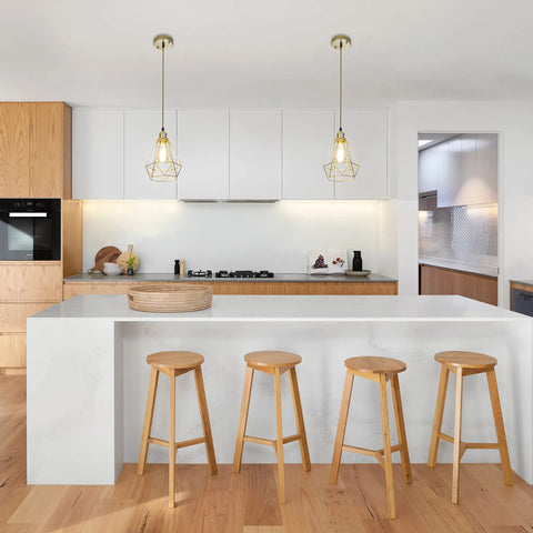 Gold Farmhouse Pendant Light 2 Pack Cage Style Hanging Lights For Kitchen Island, Adjustable Height Fixture in modern kitchen