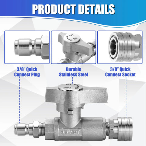 Front view of M MINGLE 3/8-inch quick-connect ball valve for pressure washer hose; durable stainless steel with ON/OFF lever.