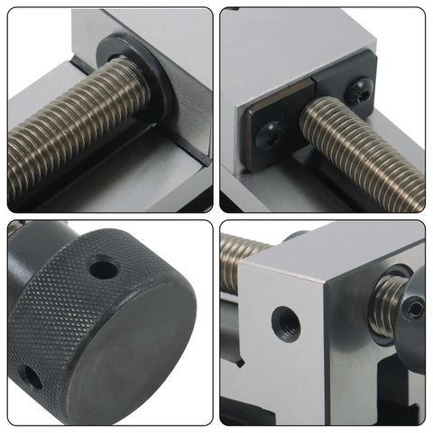 Close-up of the Dead Nuts Accurate Toolmaker Vise features showing precision components and sturdy 2 inch jaw setup for CNC milling.