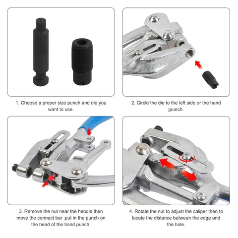 Heavy Duty Hole Punch Set Built To Last With Chrome Vanadium Steel Punches 3/32 In By 9/32 In in use, showing assembly steps